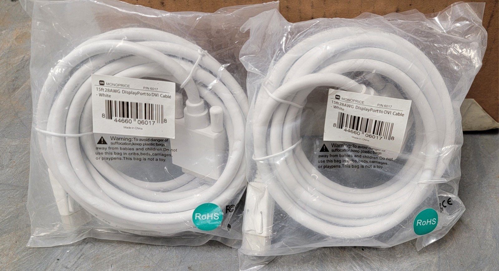 Lot of 4 - Monoprice 15ft 28AWG DisplayPort to DVI Cable, White Factory Sealed