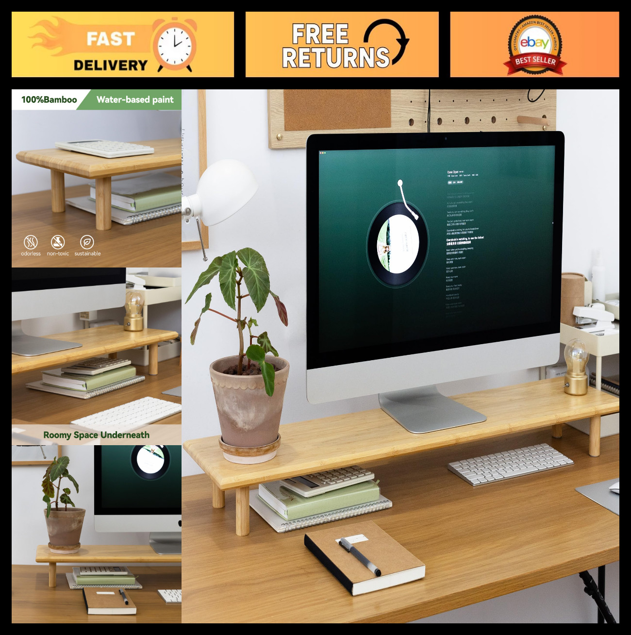 Ergonomic Bamboo Dual Monitor Stand Riser with Storage - Desk Shelf for PC, TV,