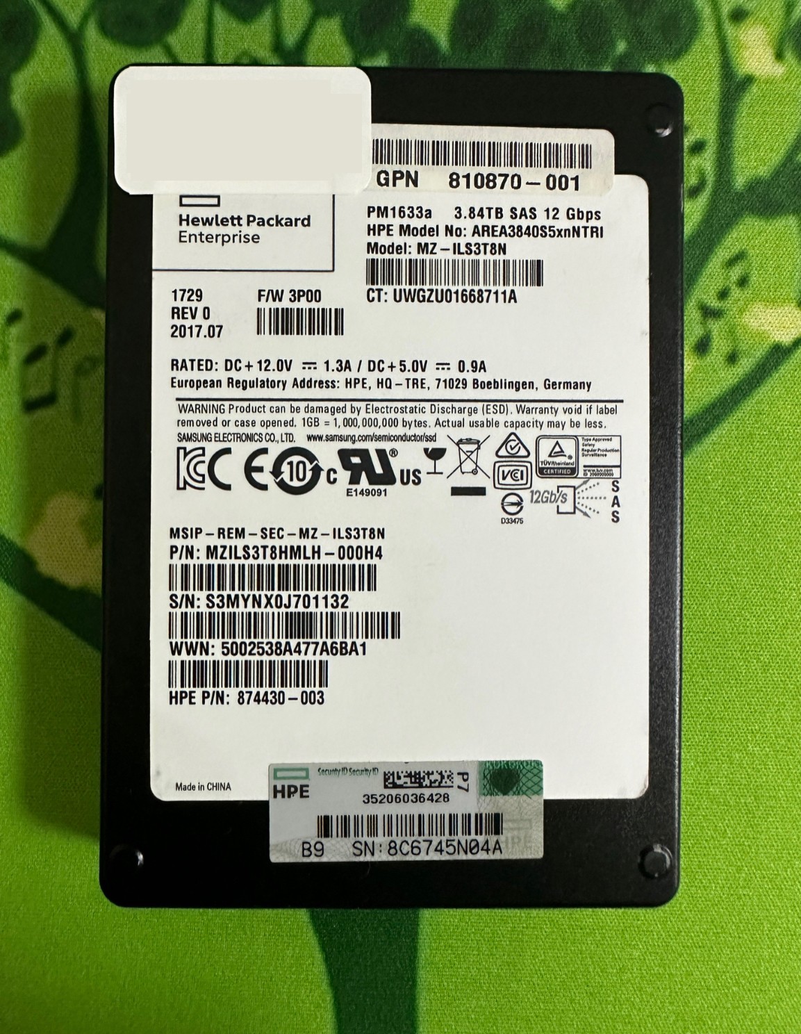HPE 3.84TB SSD PM1633a MZ-ILS3T8N AREA3840S5xnNTRI 874431-003 MZILS3T8HMLH-000H4