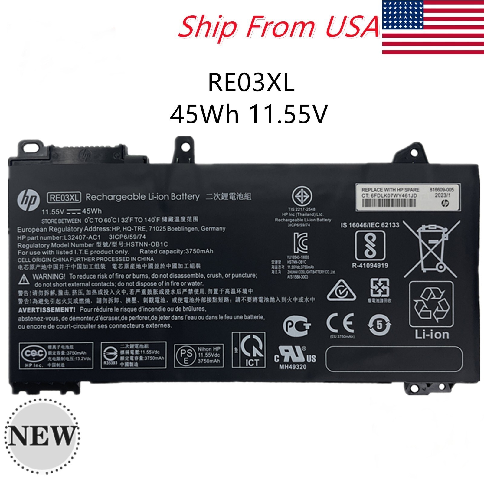 Genuine 45Wh RE03XL L32407-2C2 Battery For HP ProBook 430 440 445 450 455R G6