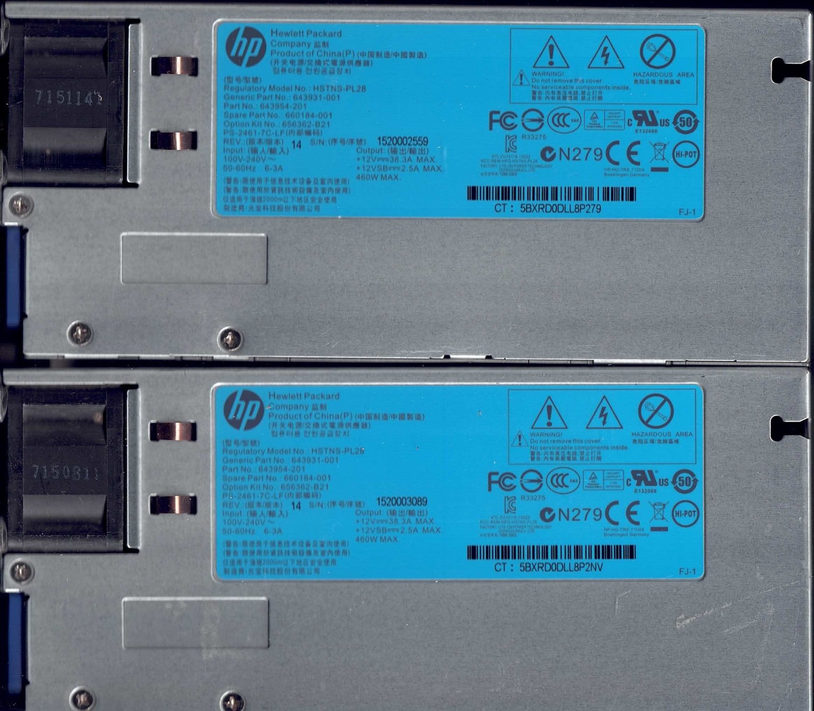 Lot of 2 HP 460W Common Slot Platinum Plus PSU 656362-B21 660184-001 HSTNS-PL28