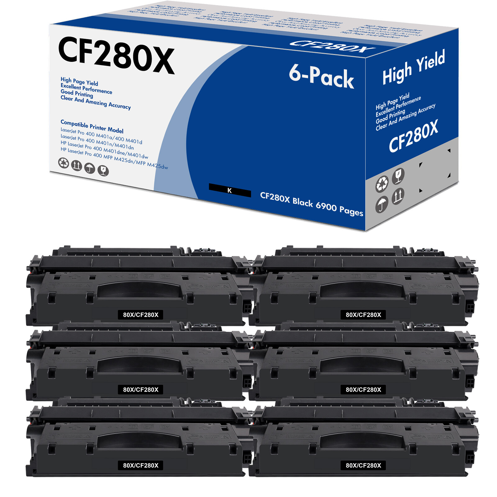 6x Premium CF280X 80X Toner Cartridge Fits For HP Laserjet Pro 400 M401dne M401n