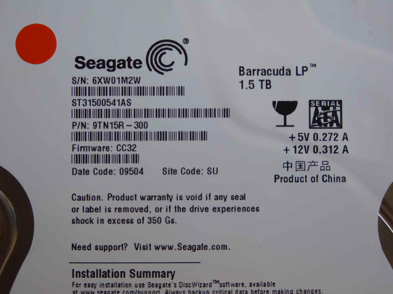 1.5TB Seagate ST31500541AS / 9TN15R-300 / CC32 / SU / 100535537 REV A