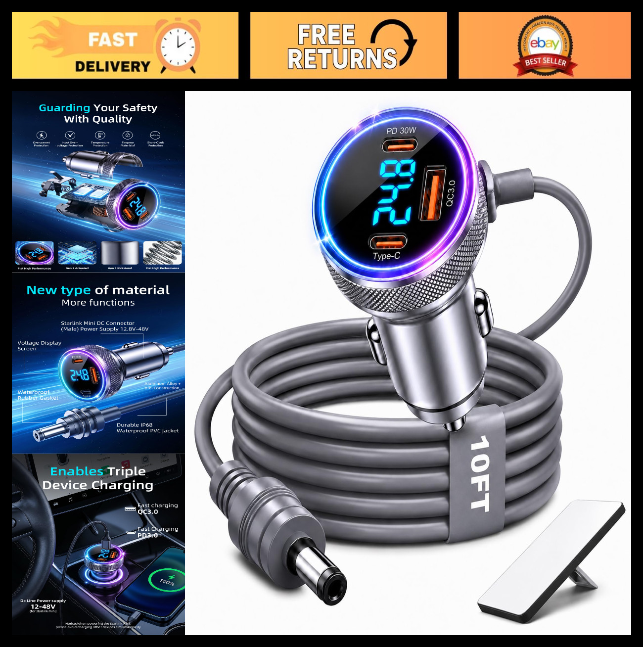 4-in-1 Mini Car Adapter & 10FT Power Cable for Starlink Satellite Internet