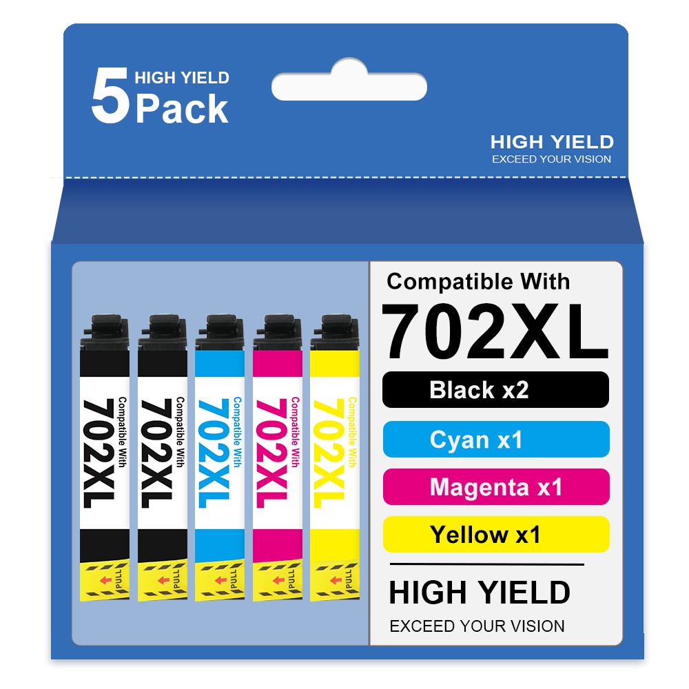 5 pk 702XL T702XL Ink Cartridges for Epson 702 Workforce WF-3720 WF-3730 WF-3733