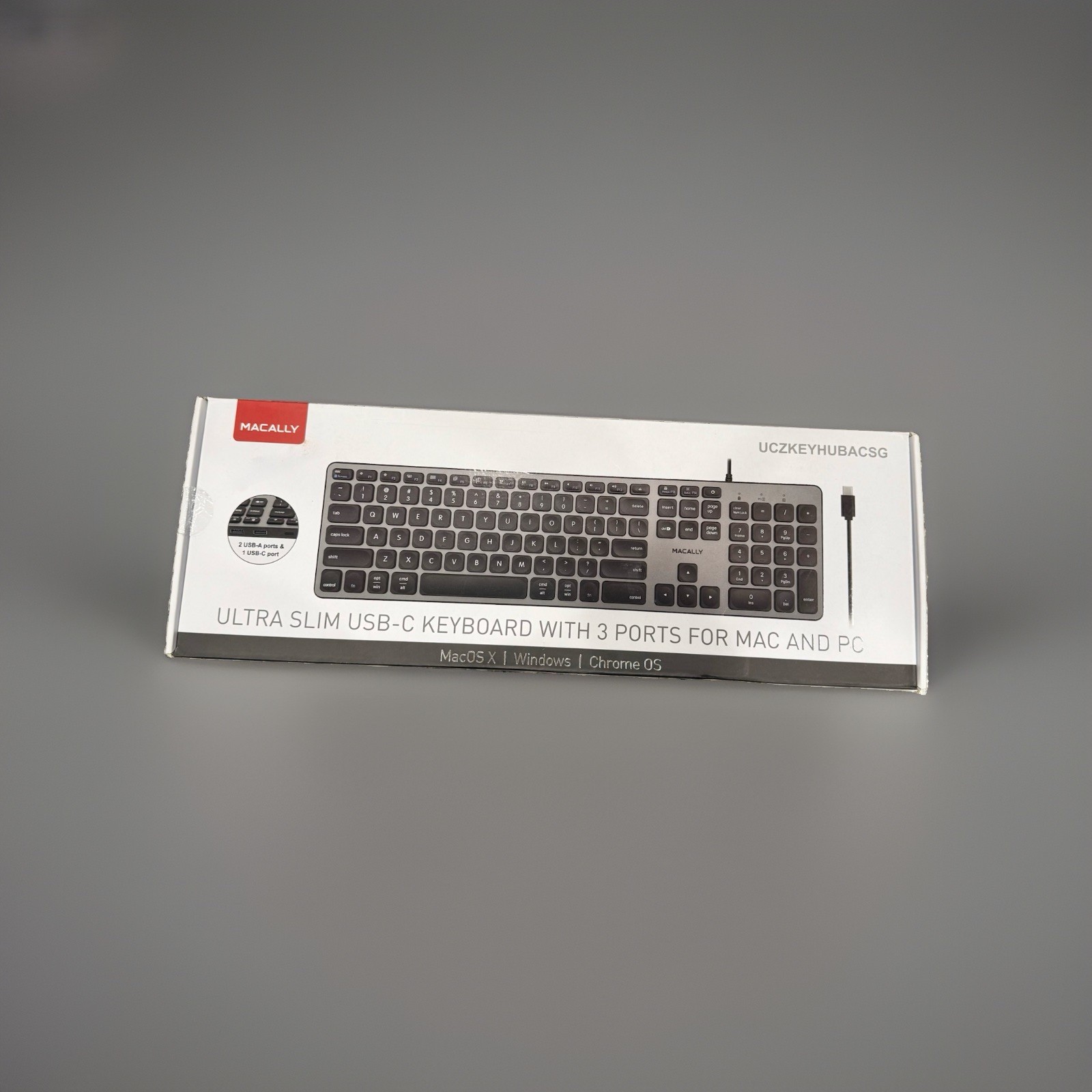 NEW Macally UCZKEYHUBACSG USB-C Keyboard w/ 3-Port Hub Mac PC Space Gray