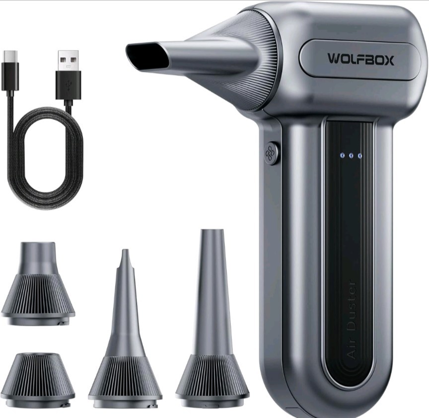 WOLFBOX MF70 Rechargeable Electric Air Duster 110000RPM 3-Speed with 5 Nozzles