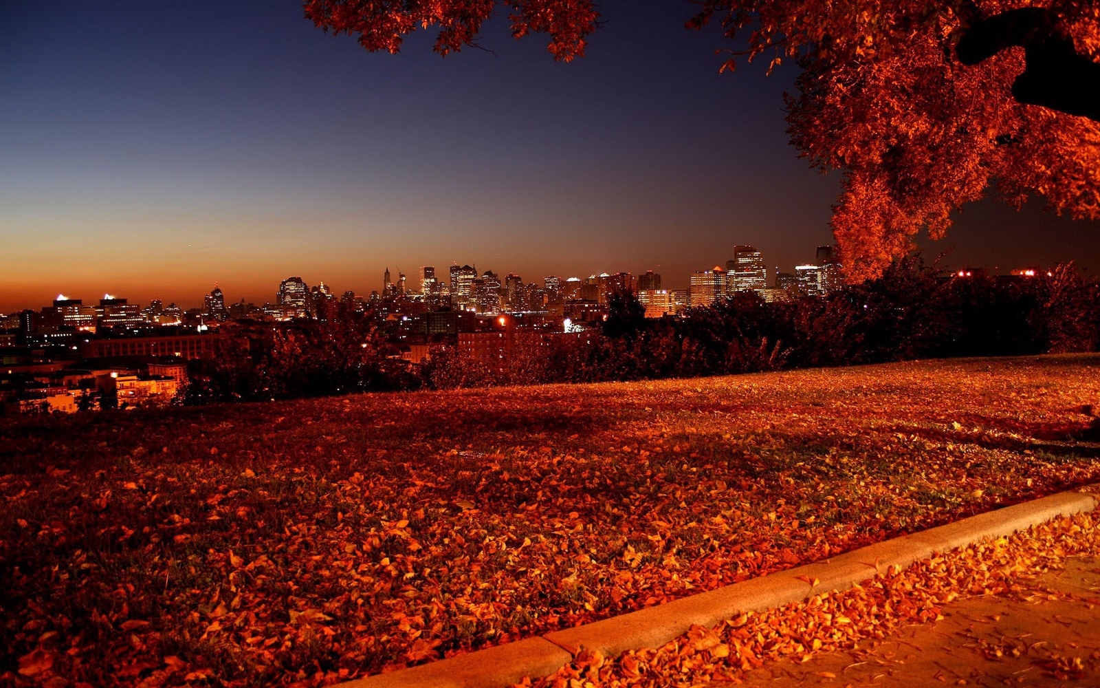 Landscape fall sunset cityscape fallen leaves city Custom Gaming Mat Desk