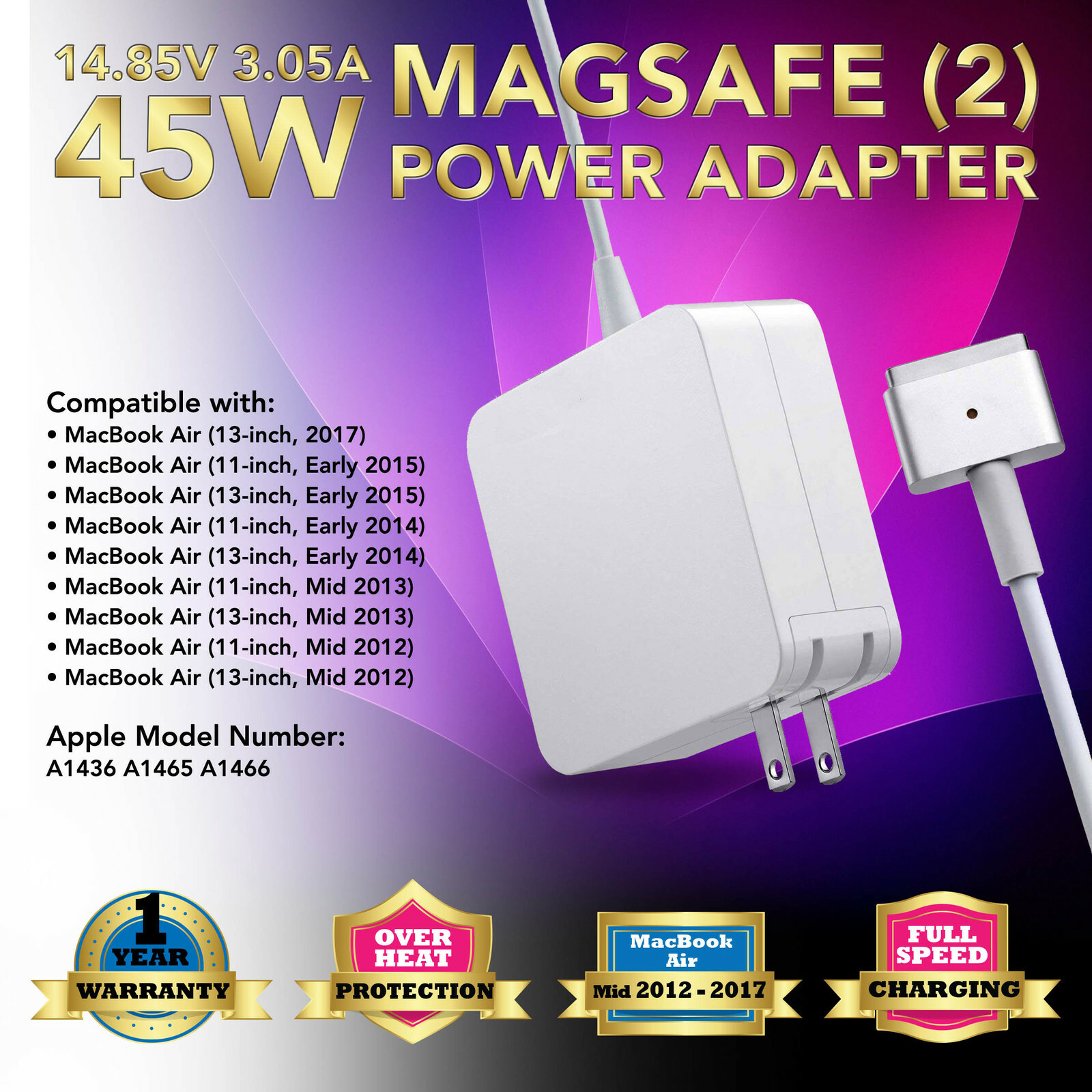 Power Adapter Charger for MacBook Air 11 13 inch MD592LL/A 45W 14.85V , T-Tip