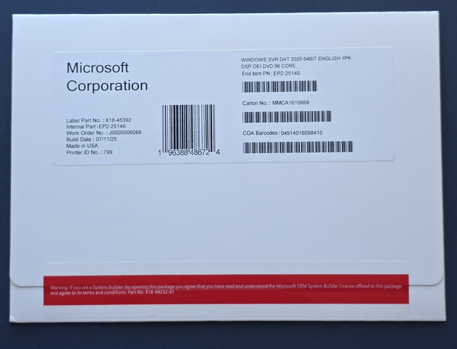 Microsoft Windows Server 2025 Datacenter 96 Core DVD+ License Key (NEW)