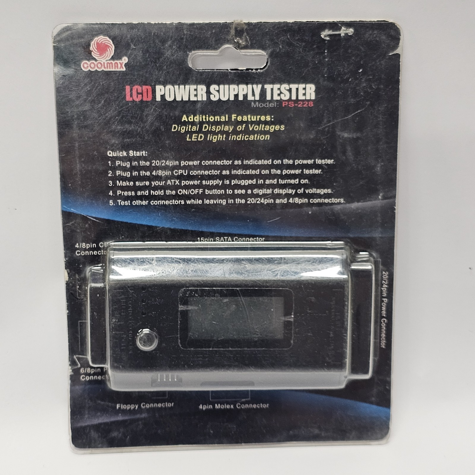 Coolmax PS-228 20/24pin Computer Power Supply Tester With LCD Display NEW 