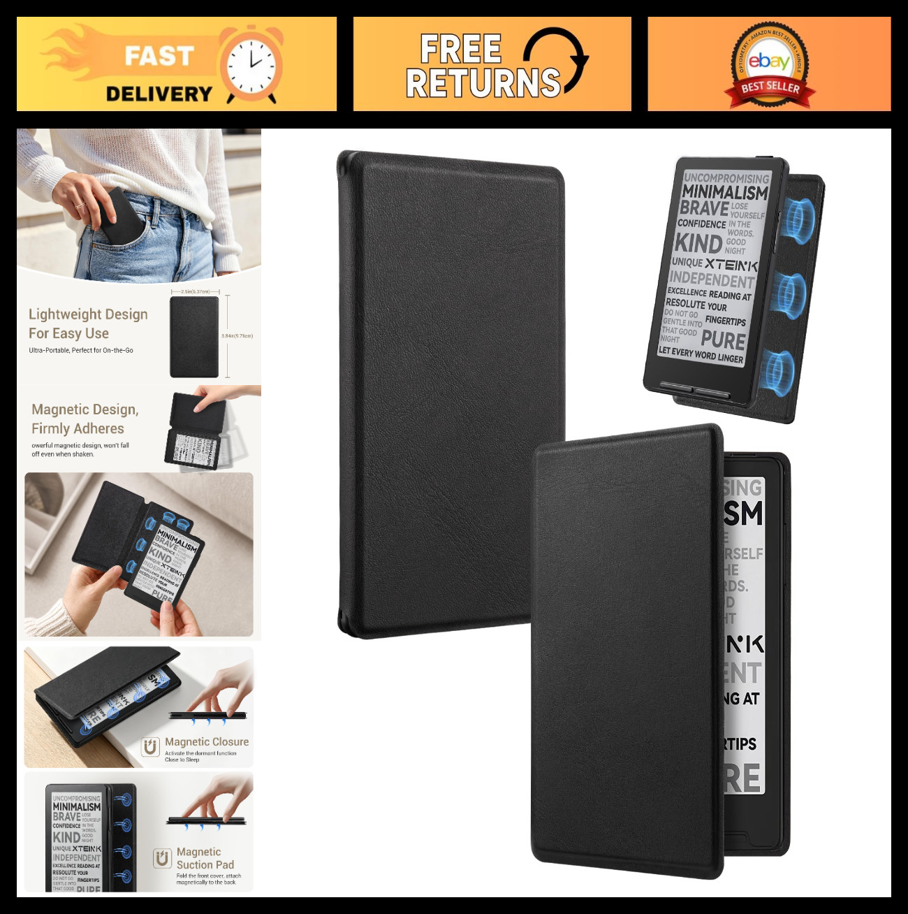 Ultra-Lightweight Magnetic Case for XTEINK X4 E-Reader, Protective Cover, Black