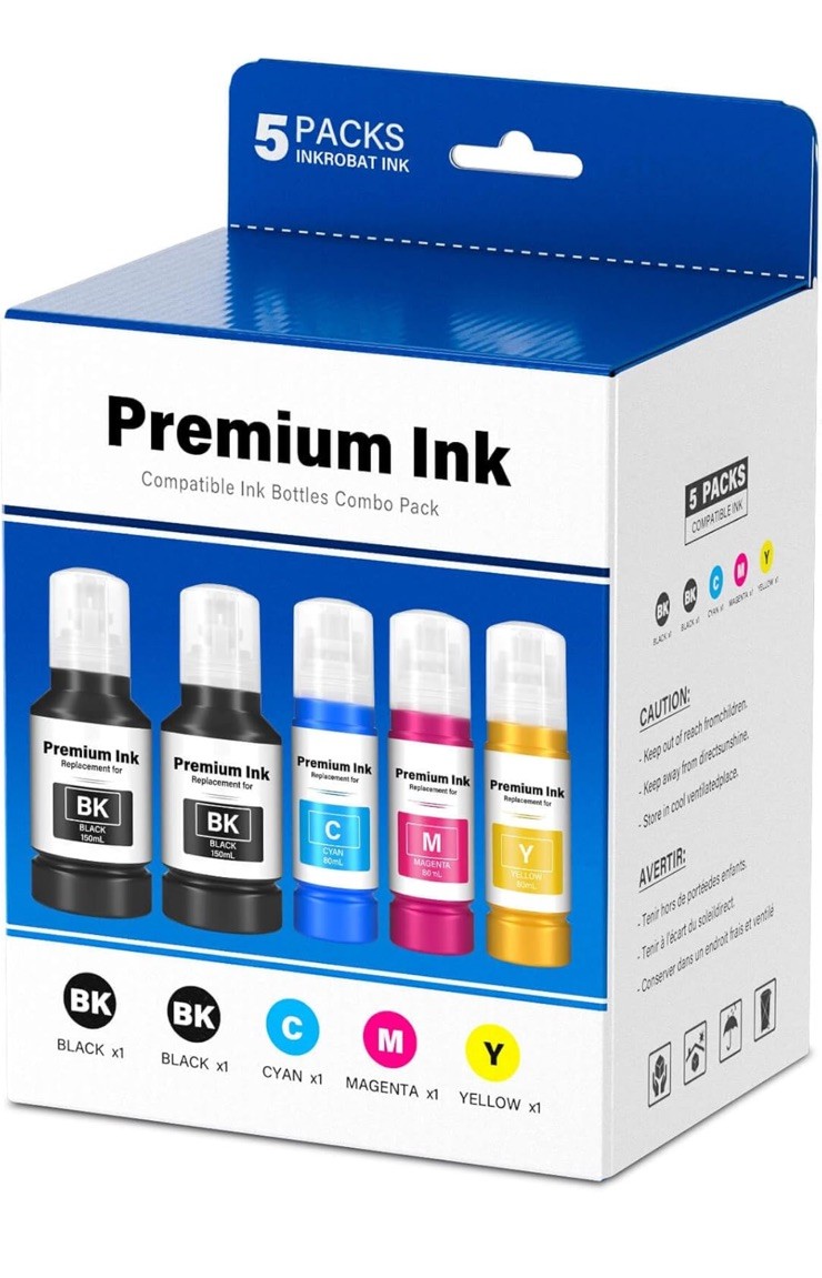 5 Pack T502 Ink Refill Bottles for Epson EcoTank ET-2760 ET-2750 ET-2850 ET-3830