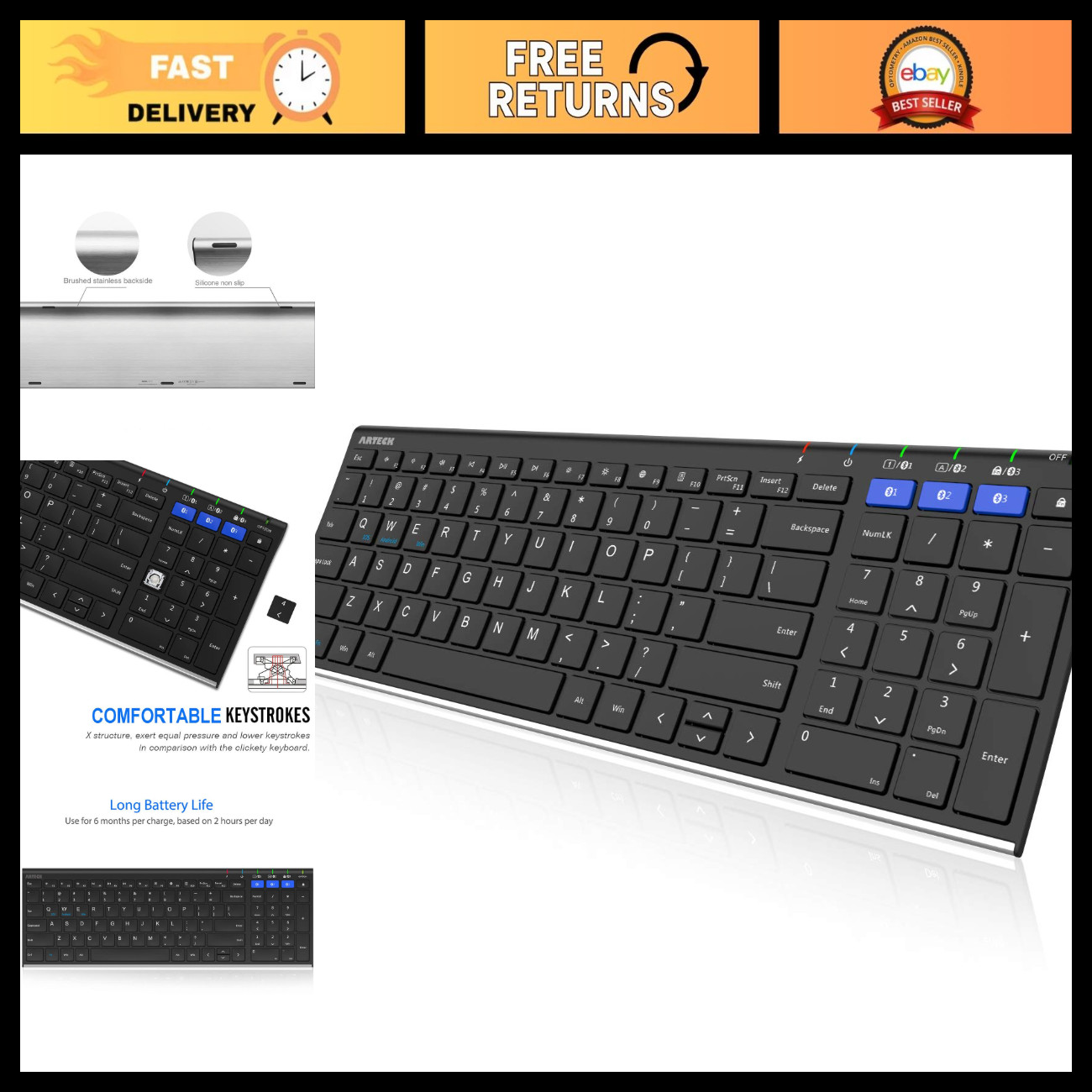 Universal Bluetooth Keyboard - Multi-Device Stainless Steel Wireless for PC, iOS