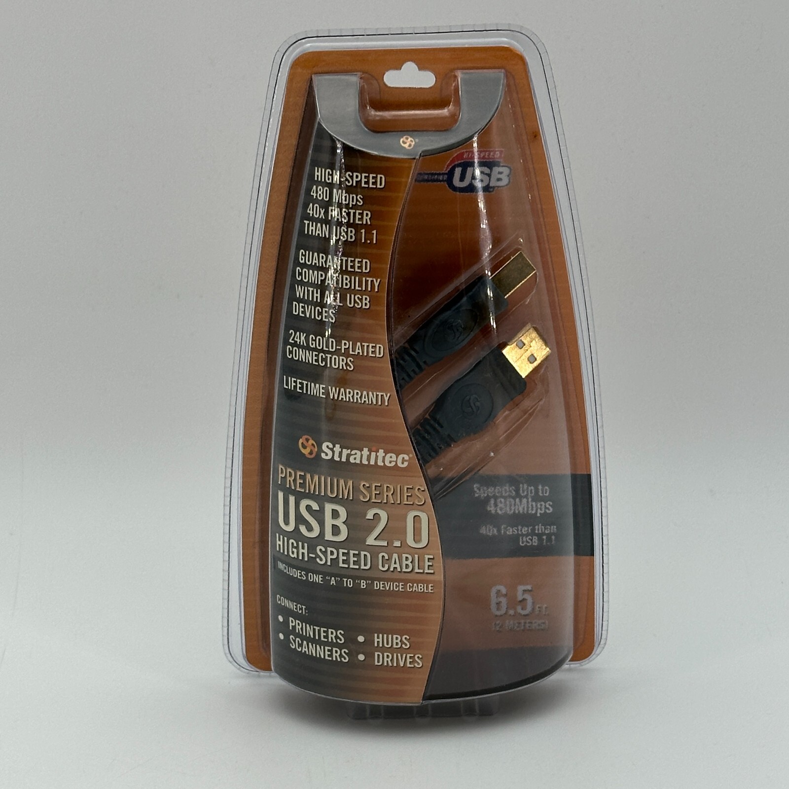 STRATITEC USB 2.0 High Speed Printer Cable A to B Gold 6.5ft NEW