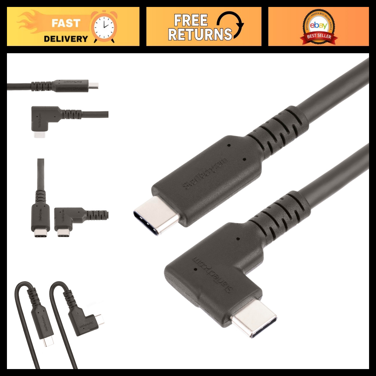 1.6ft Right-Angled USB-C Cable - 10Gbps Data Transfer, 100W Power Delivery, Blac