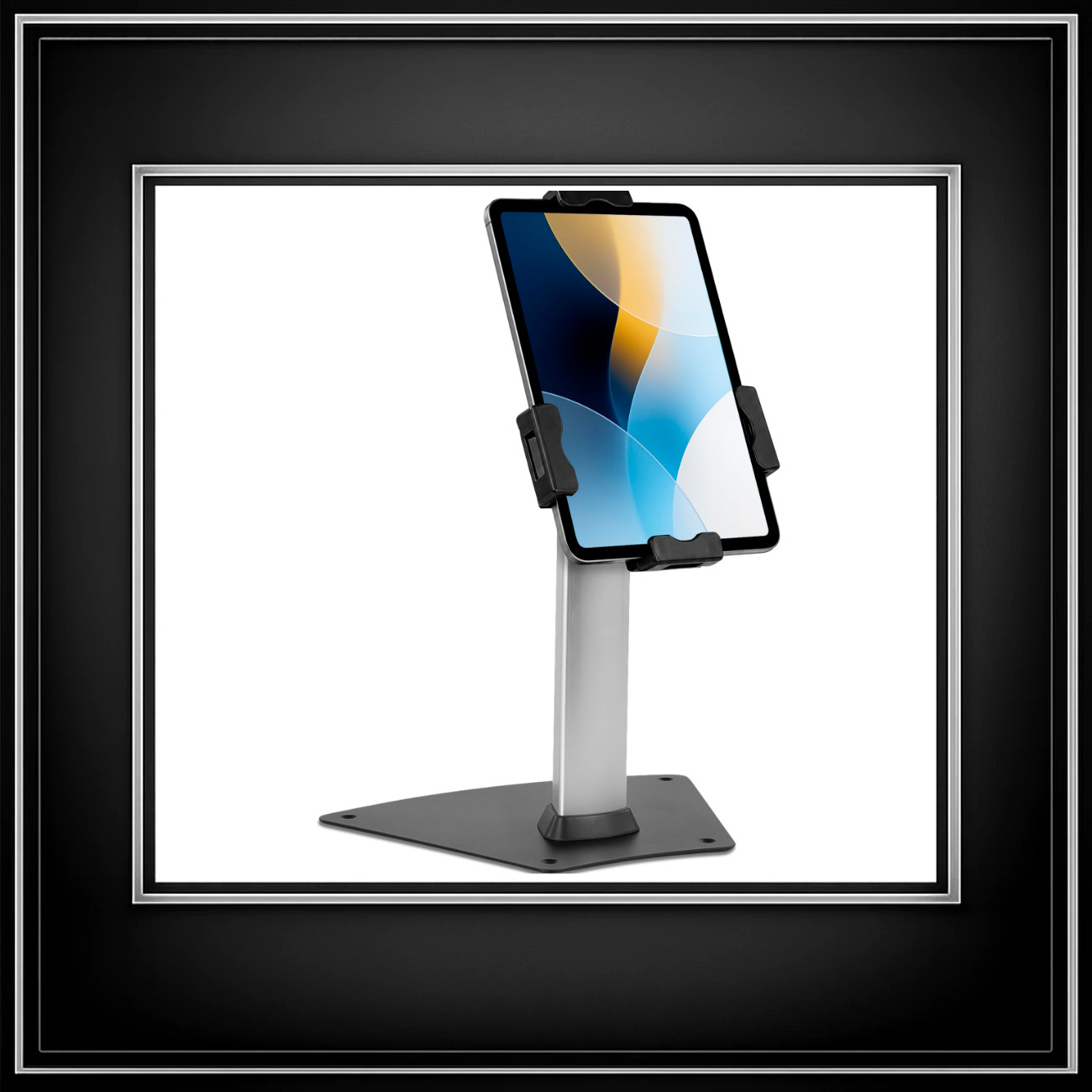 Universal Tablet POS Stand with Key Lock, Bolt-Down Base, Adjustable Height, Sil