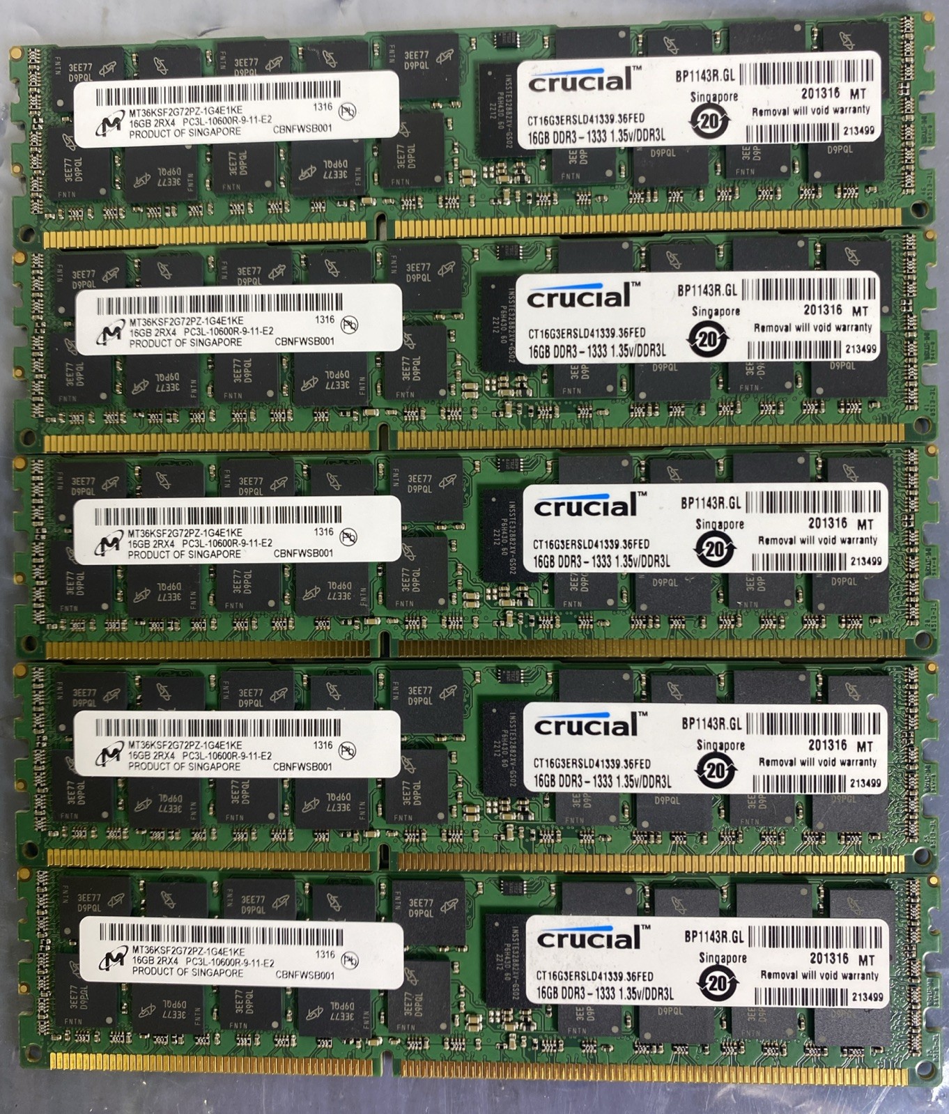 80GB (5 x 16GB) Micron MT36KSF2G72PZ-1G4E1KE PC3L-10600R DDR3L ECC RAM