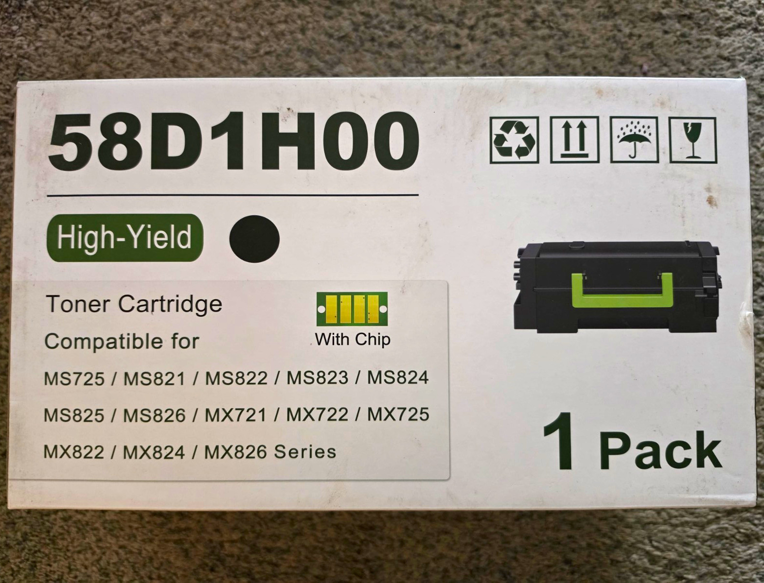 High-Yield Black Laser Toner Cartridge 58D1H00 for Lexmark MS725 MS821 1Pk