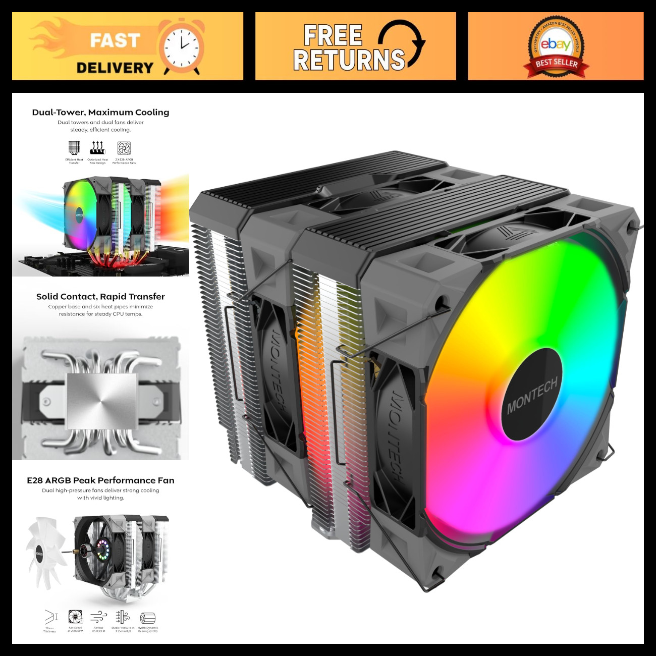 ARGB Dual-Tower CPU Air Cooler, 6 Heat Pipes, 2 Fans, High Performance, Black