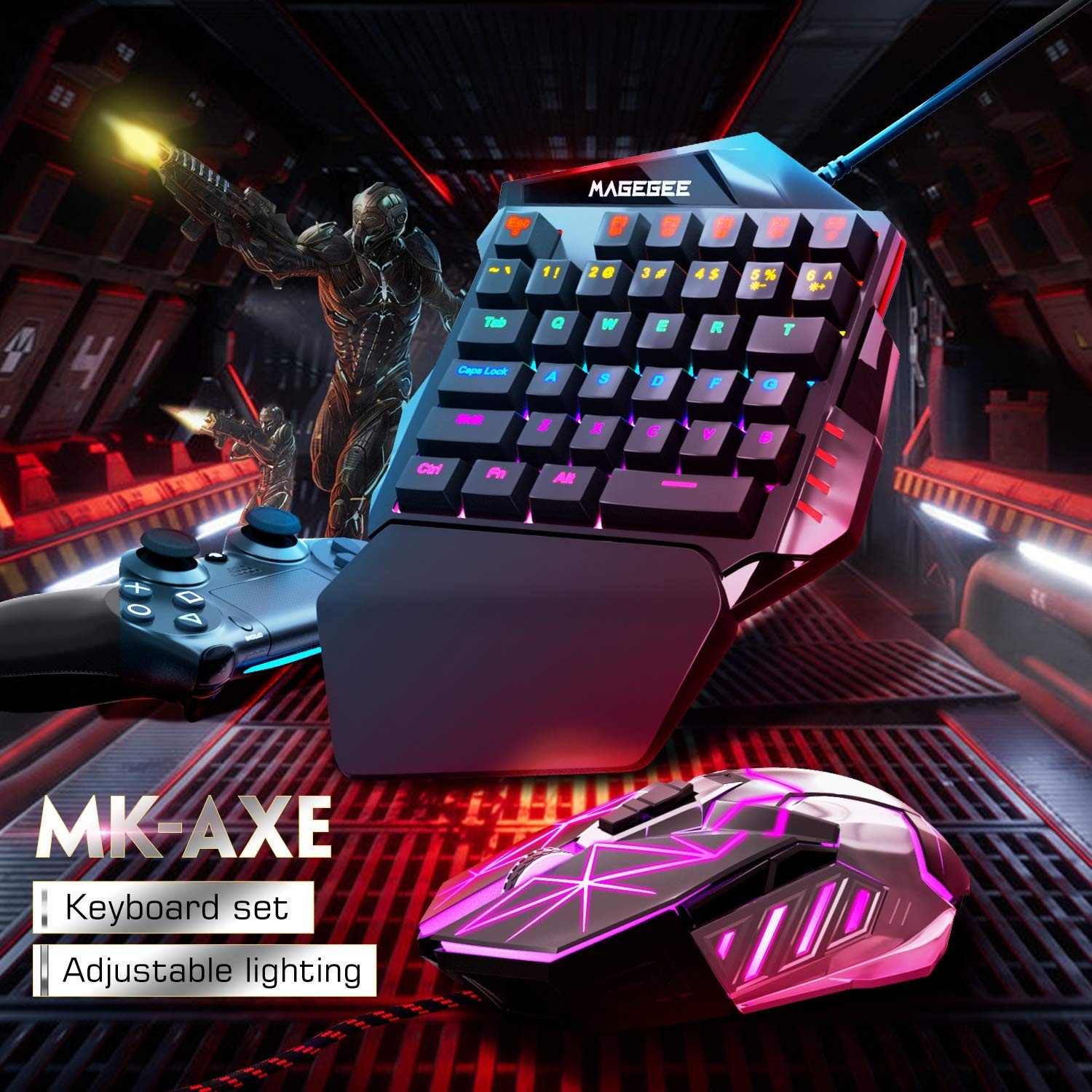MAGEGEE MK-AXE Wired One-Handed Gaming Keypad LED Backlit QWERTY Black/Red