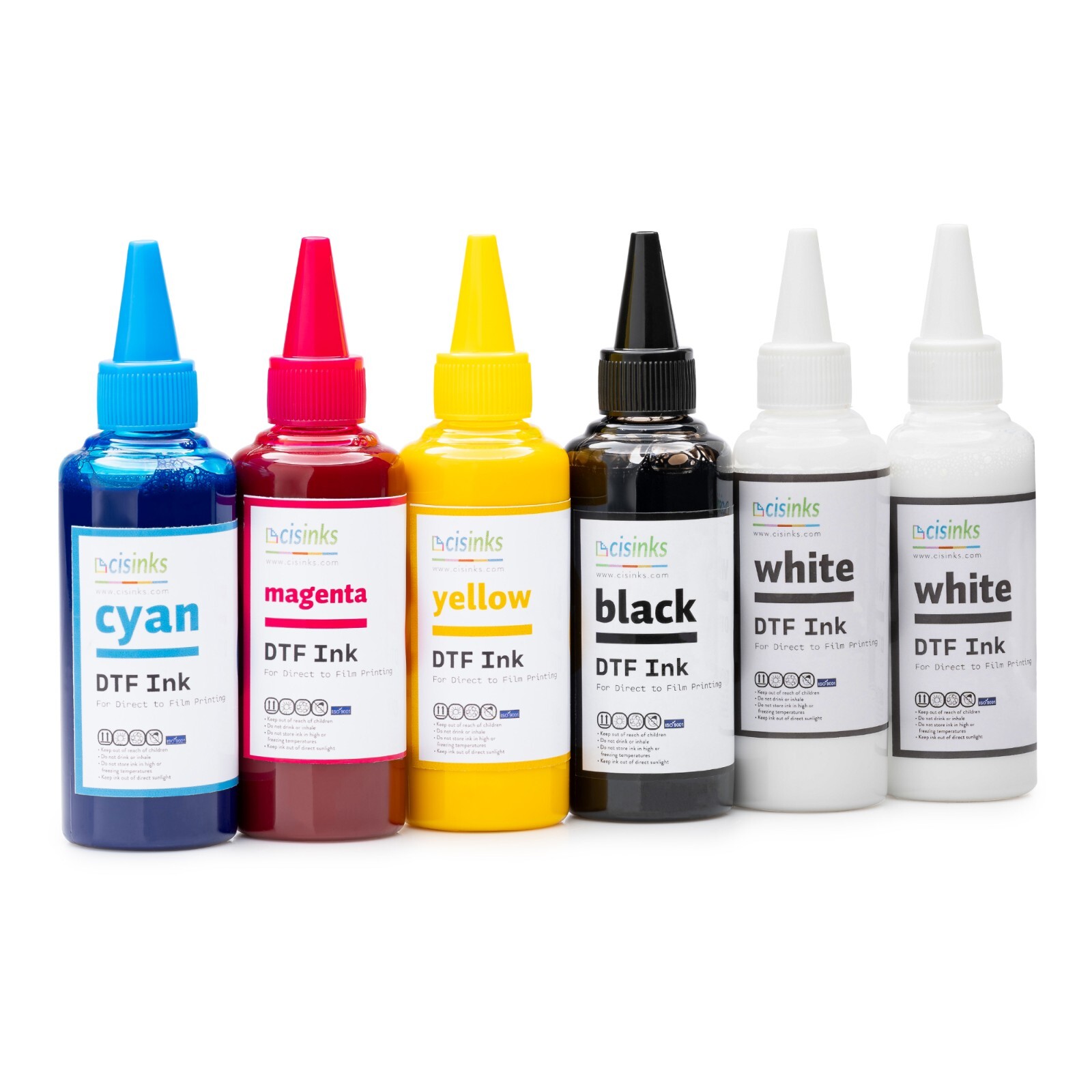 CISinks Premium Large DTF Ink Bottle Bulk Refill Set (100ml x 6, CMYK 2X Wh)