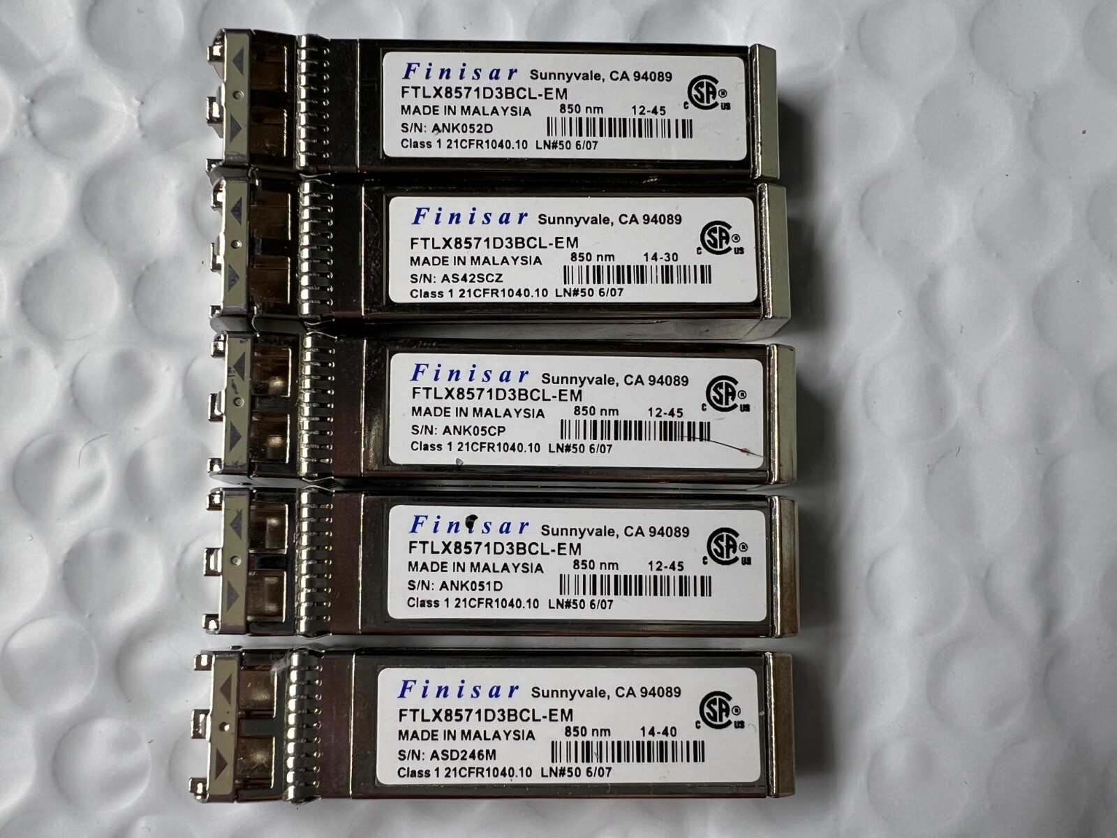 Lot of 5 FTLX8571D3BCL-EM FINISAR EMULEX 10GE 850NM MMF SR OPT SFP+ TRANSCEIVER
