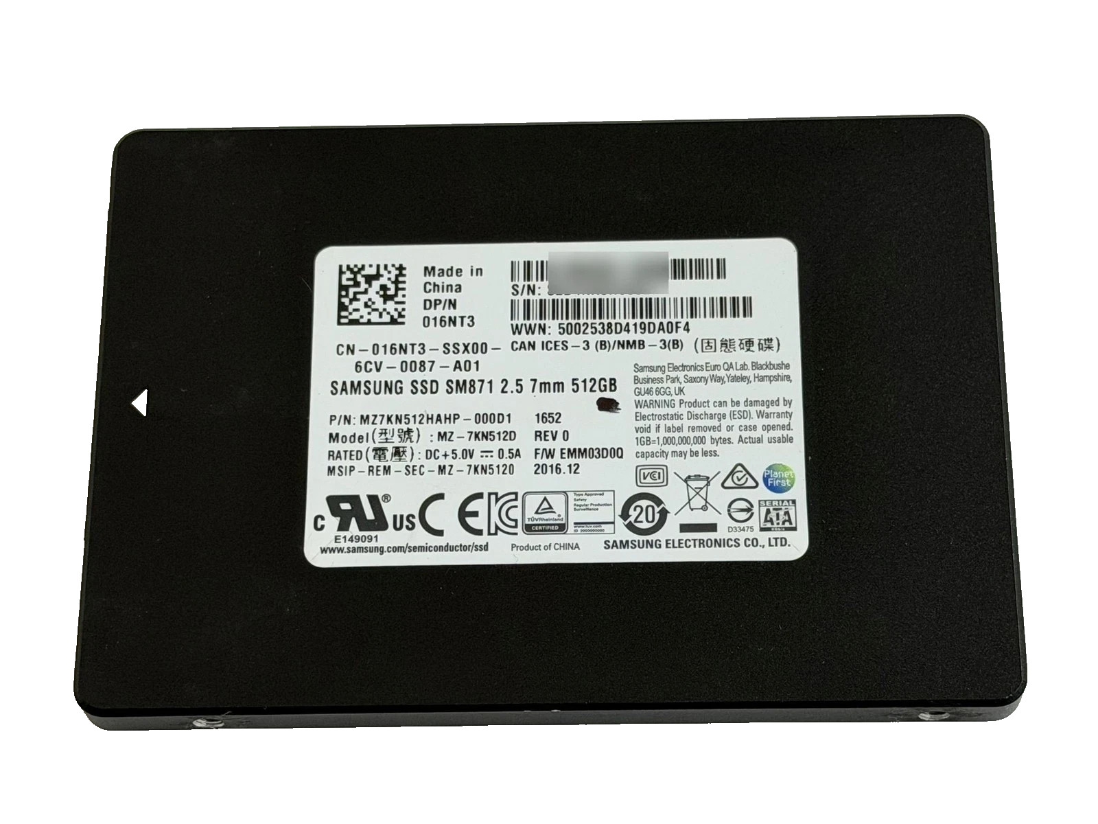 Samsung 512GB SSD SM871 7mm 2.5" Solid State Drive MZ7KN512HAHP-000D1 MZ-7KN512D