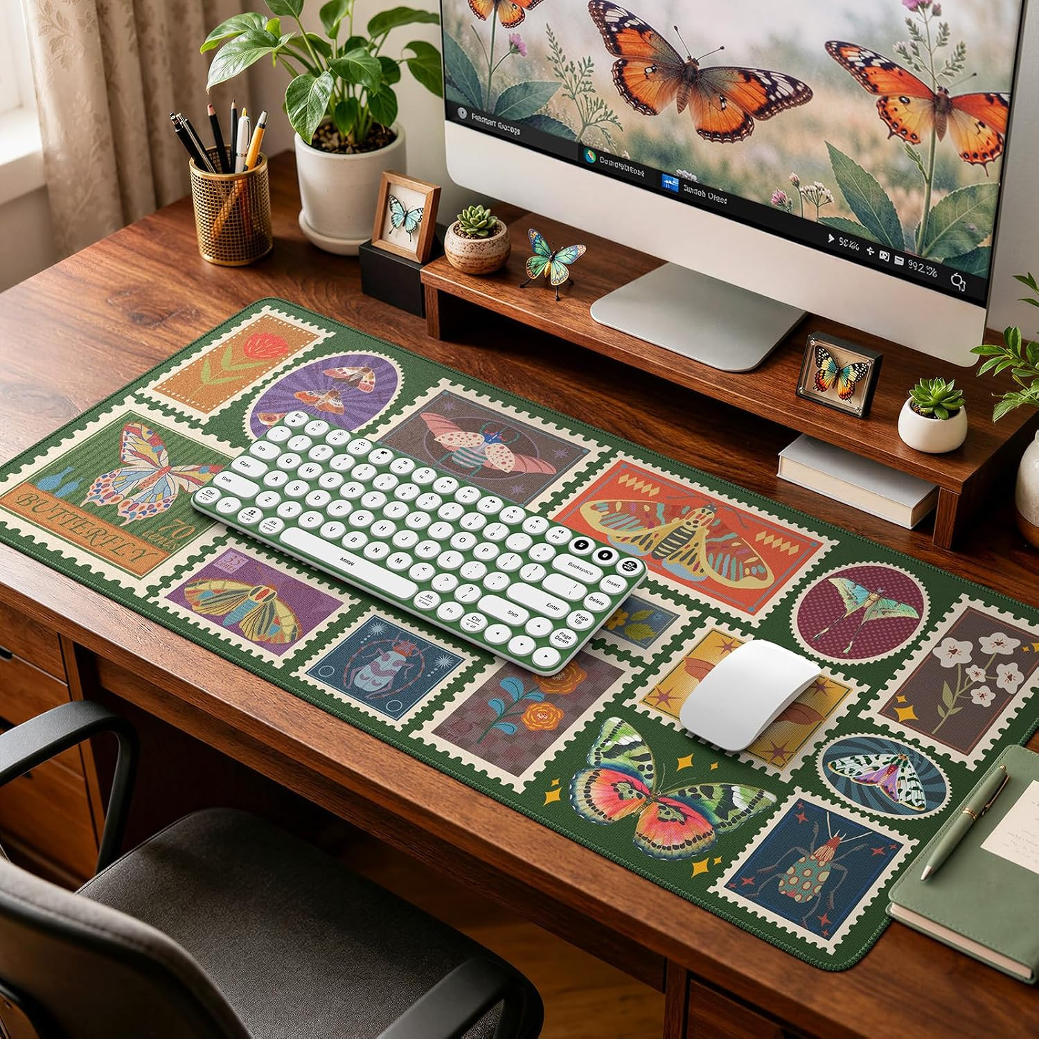 Icasso Vintage Desk Cover Mat, XXL Large Butterfly Mouse Pad, Olive Green