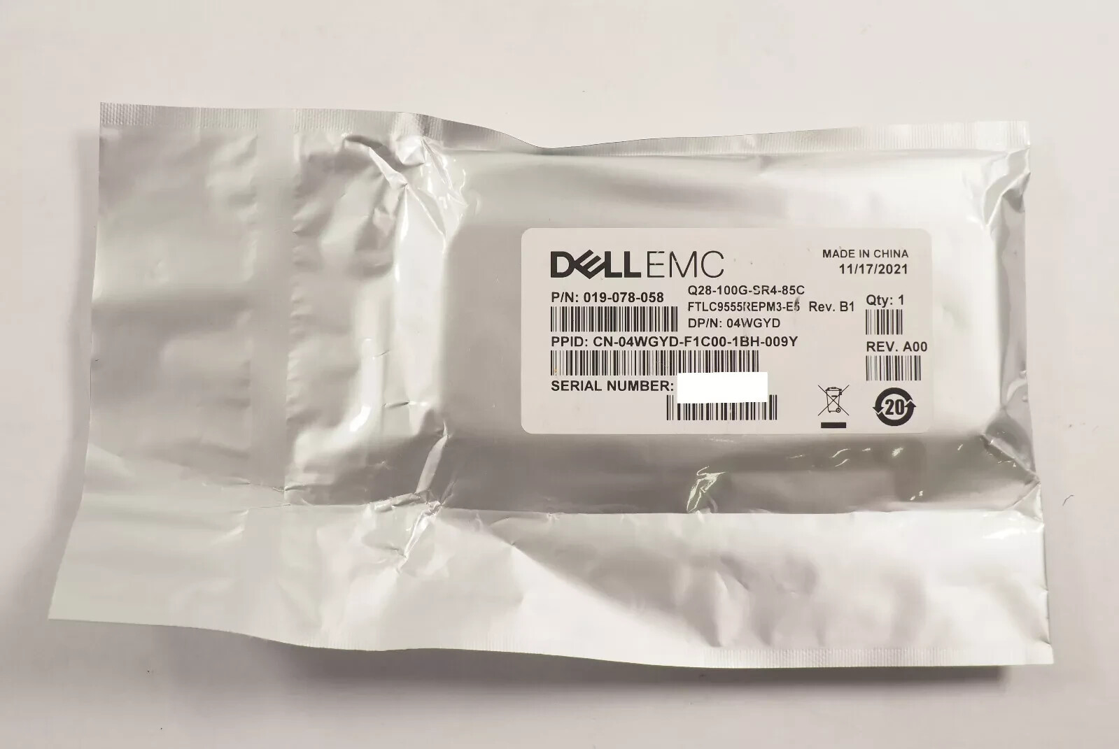 Dell EMC 04WGYD FTLC9555REPM3-E5 Q28-100G-SR4-85C 100GBASE-SR4 019-078-058
