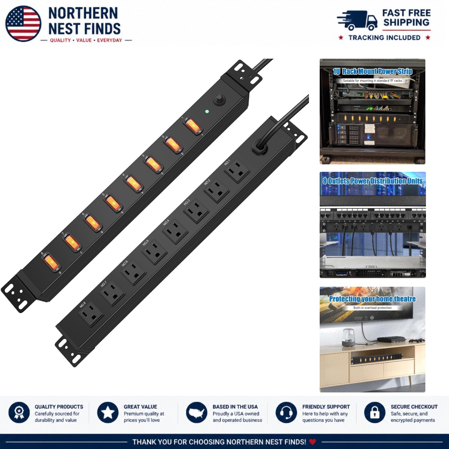 Versatile 8 Outlet Rack Mount Power Strip - Independent Switch, 1200J Surge