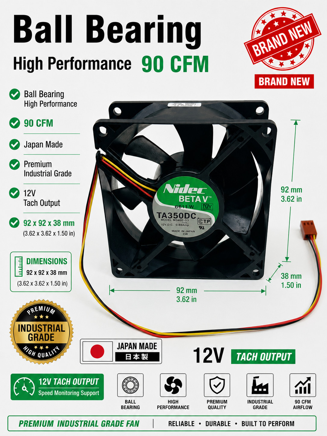 Nidec Premium 92x92x38mm 12V Ball Bearing High Performance Cooling Fan 3-Wire