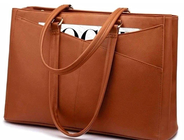 Brown Faux Leather Laptop Tote Bag 15.6 in w/ Laptop Compartment