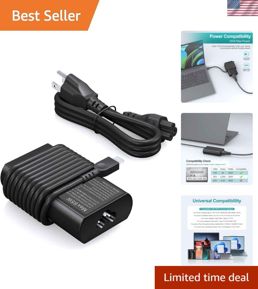 Lightweight 65W USB-C Laptop Charger - Fast Charge Your ThinkPad & Chromebook