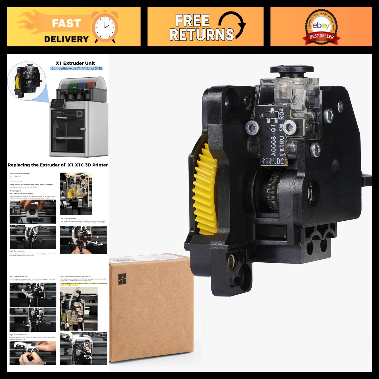 Hardened Steel Dual Gear Extruder Unit for X1 & X1C 3D Printers - High Performan