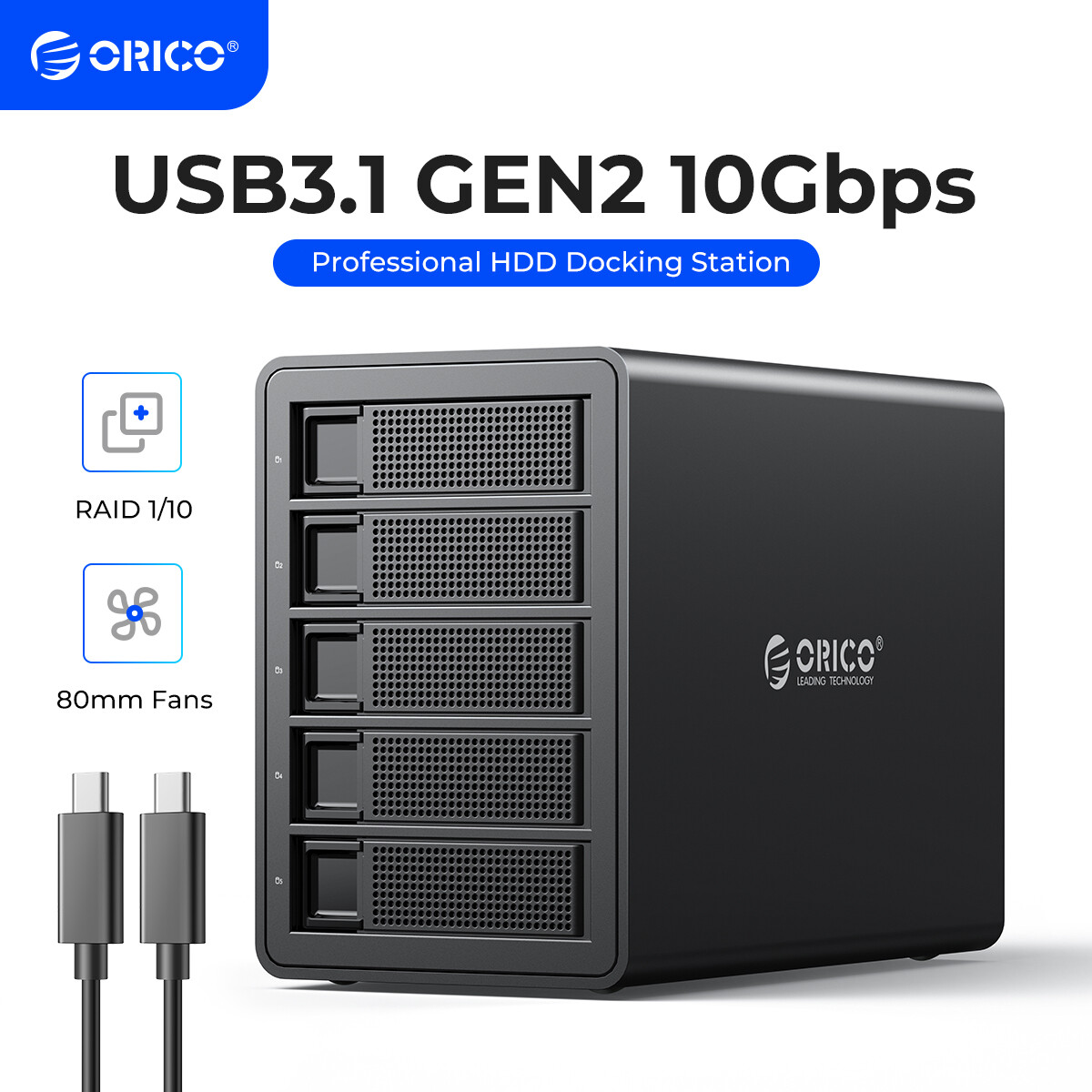 ORICO 5 Bay Hard Drive Enclosure Daisy Chain 10Gbps Type-C HDD Docking 