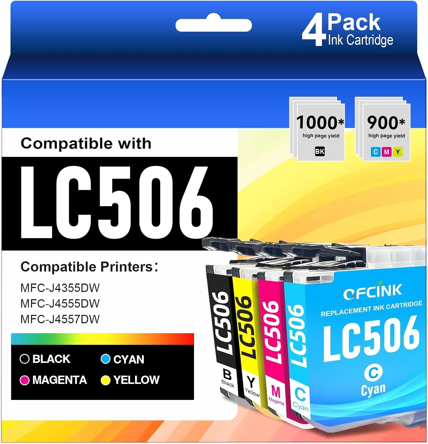 Chip 4-Pack LC506 Ink Cartridges Brother LC INKvestment BCMY Black Color BN