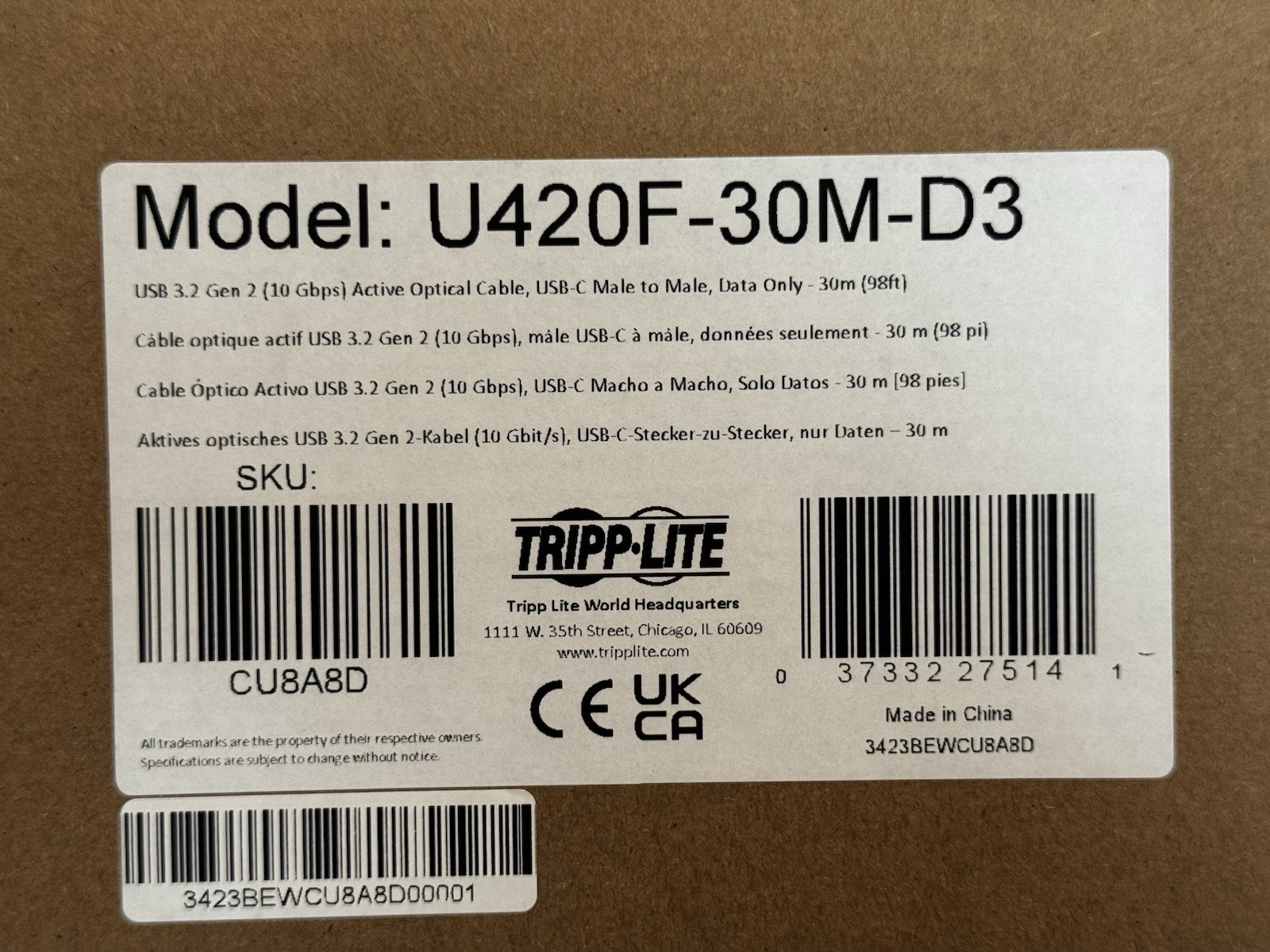 Tripp Lite U420F-30M-D3 USB-C Cable (M/M) USB 3.2 Only - 30 Meters - USB-C Fiber
