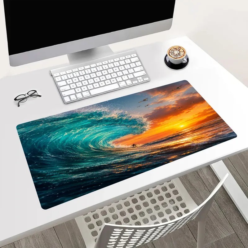 Turquoise Ocean Wave Sunset Mouse Pad 24x14in Large Desk Mat Coastal Sea Decor