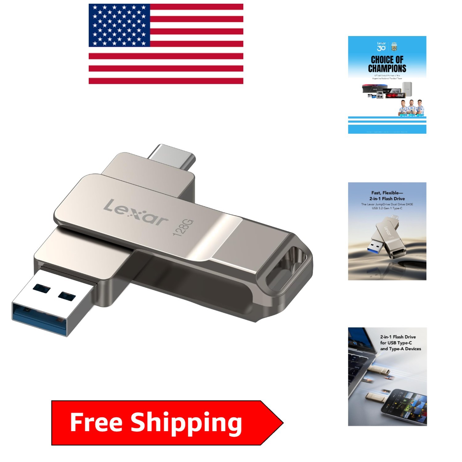 D40E 128GB USB-C Thumb Drive: High-Speed Storage with Swivel Metal Housing