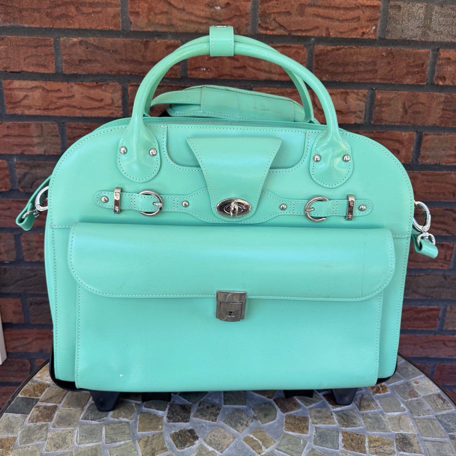 McKlein Roseville Rolling 2 in 1 Laptop Briefcase Genuine Leather Aqua Blue Bag