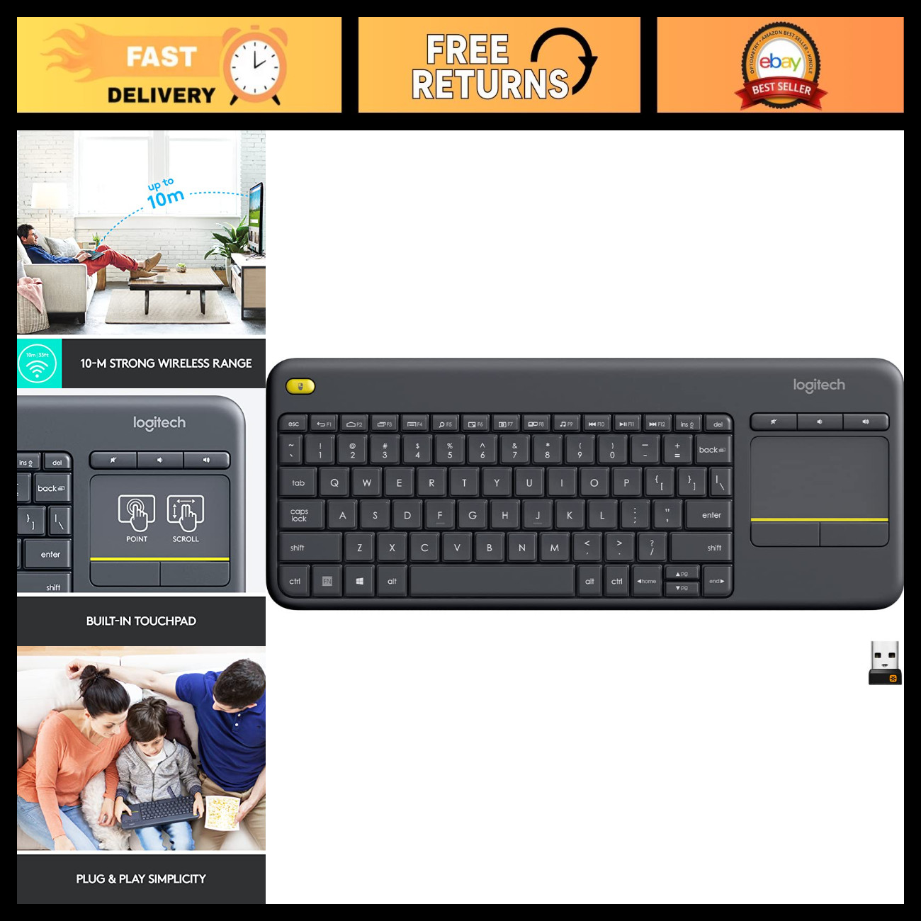 Wireless Touch Keyboard for PC-Connected TV - Compact, Portable, Black