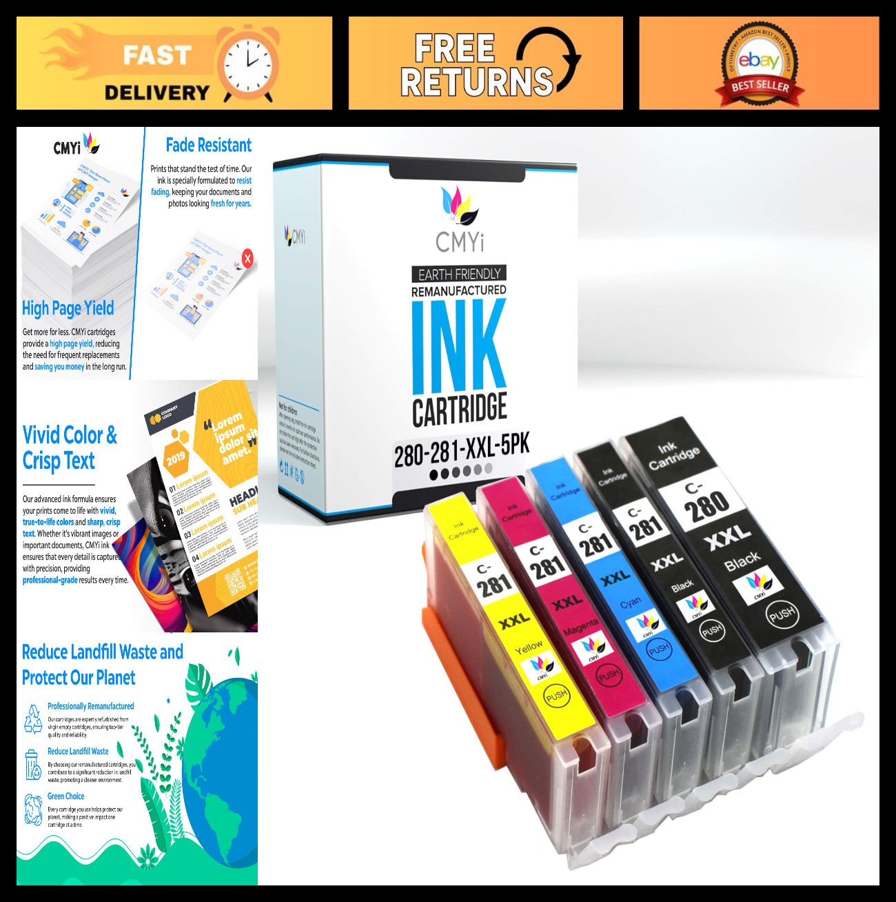 Replacement Ink Cartridge Combo Pack for Canon PIXMA TR7520 TR7620 TS6120 - 5 Co