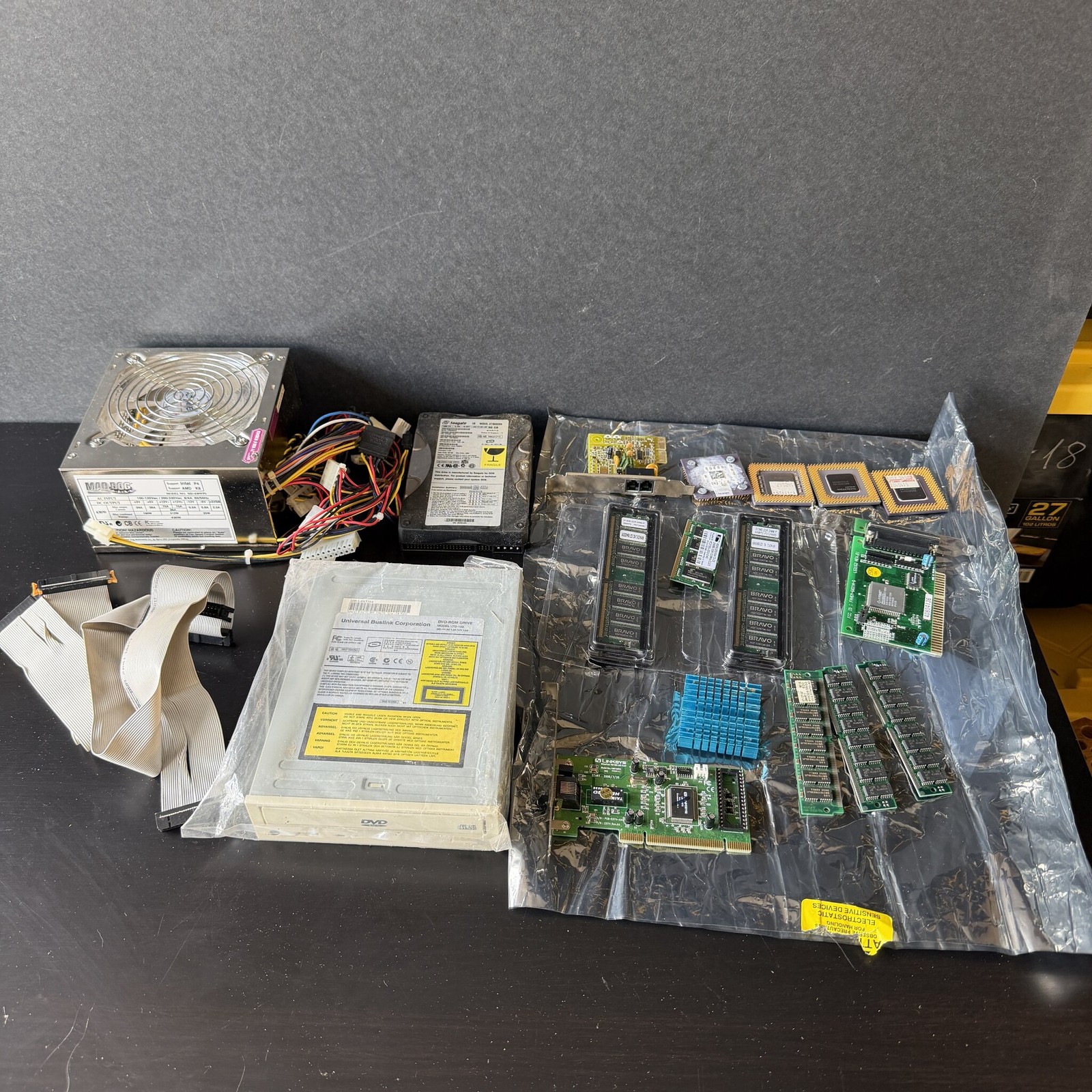 Vintage PC Parts Lot: Seagate HDD, DVD Drive, CPUs, RAM, Linksys Card, PSU