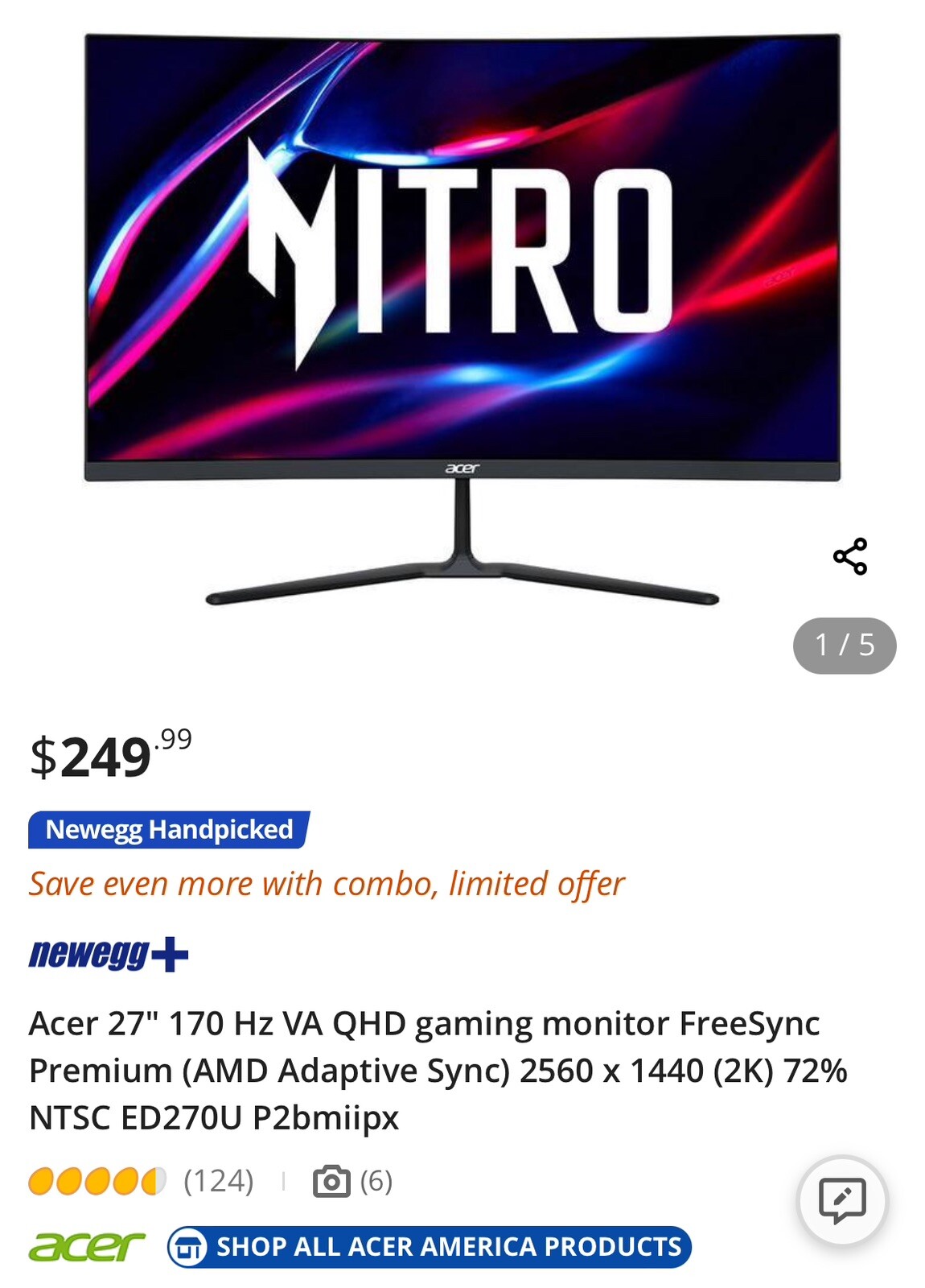 acer nitro 27” curved monitor 1440p 170hz