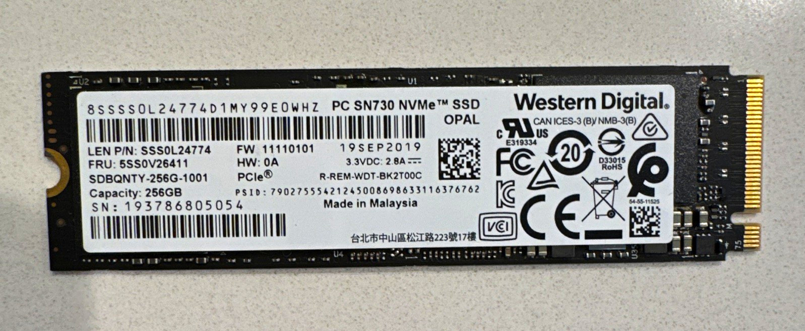 Western Digital PC SN730 256GB NVMe PCIe M.2 2280 Internal SSD Black OPAL
