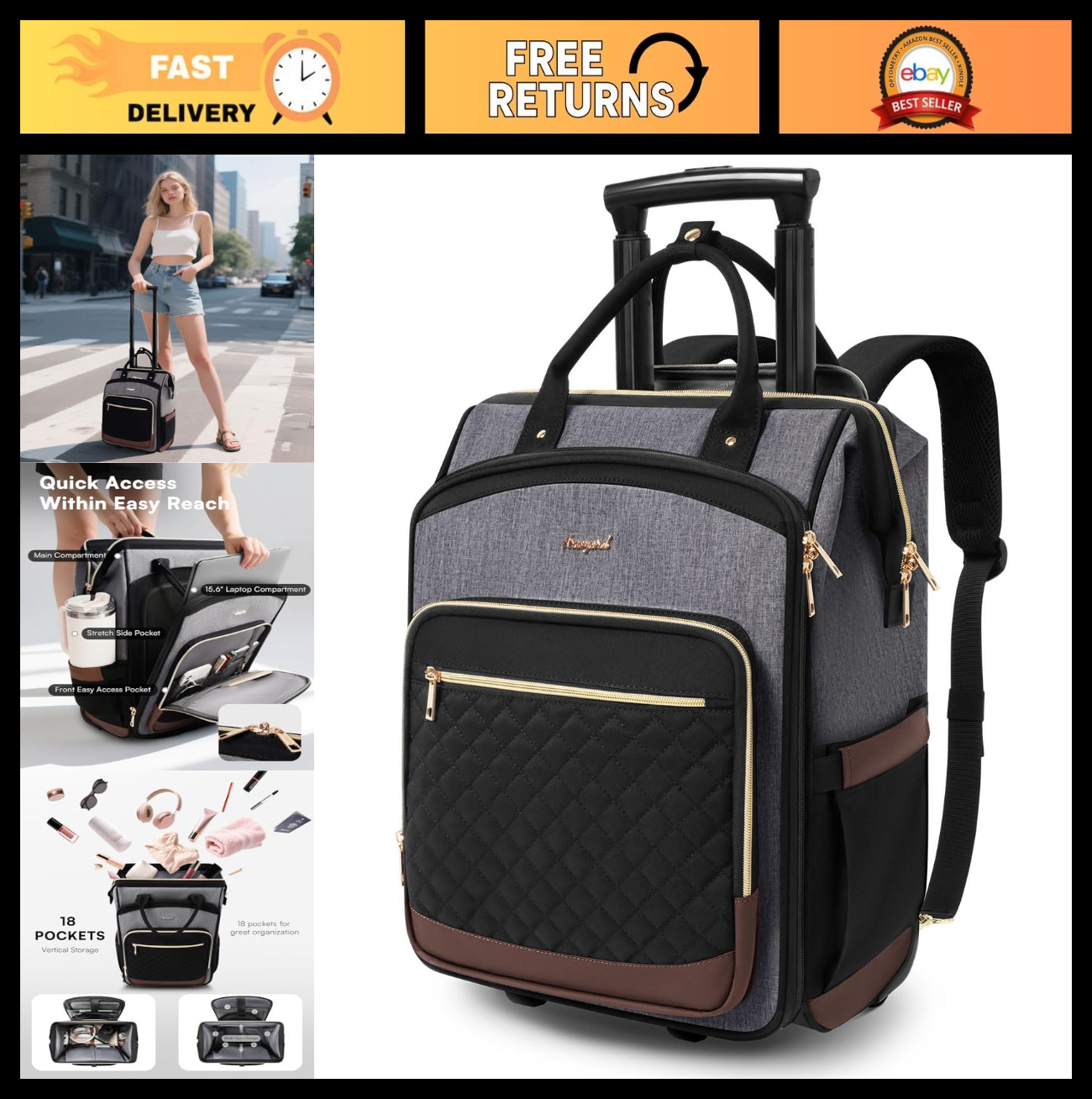 Stylish Rolling Laptop Backpack with Wheels, Travel Carry-On Bag for College & W