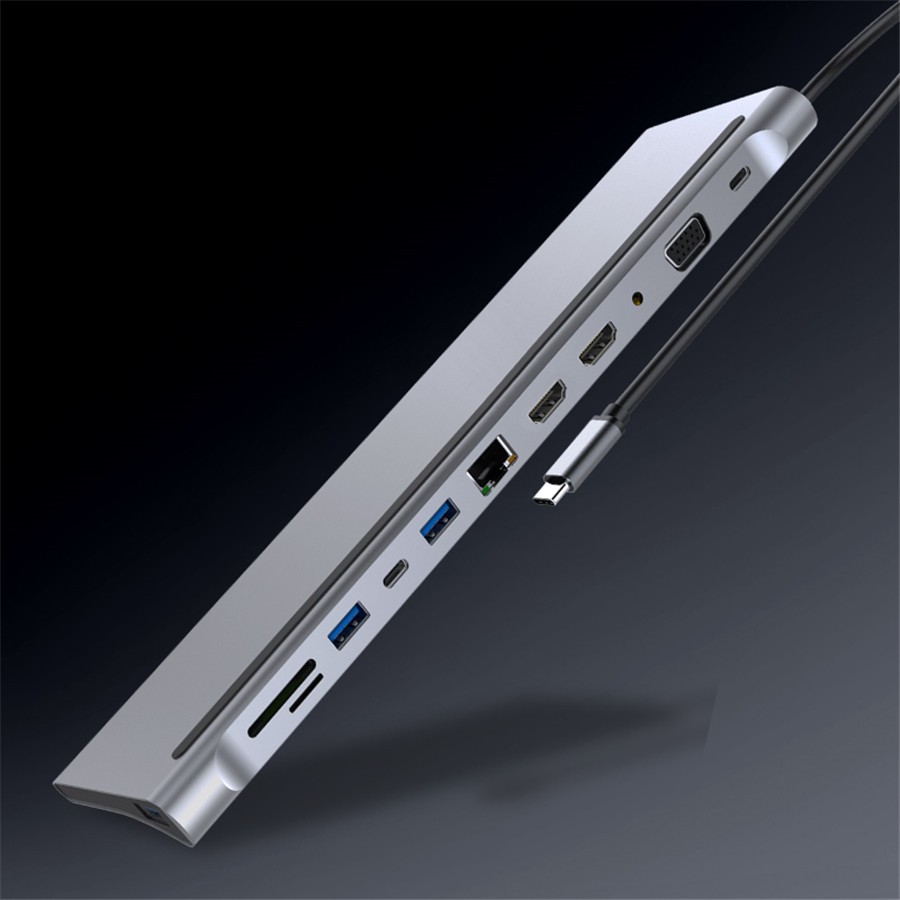 12 In 1 Type-C HUB USB3.0 USB2.0 2x VGA RJ45 USB-C 3.5mm Adapter