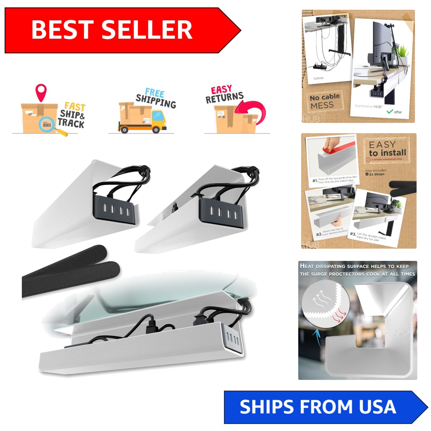 Elegant 17-Inch Under Desk Cable Management Tray - 2-Pack, No-Screw Design