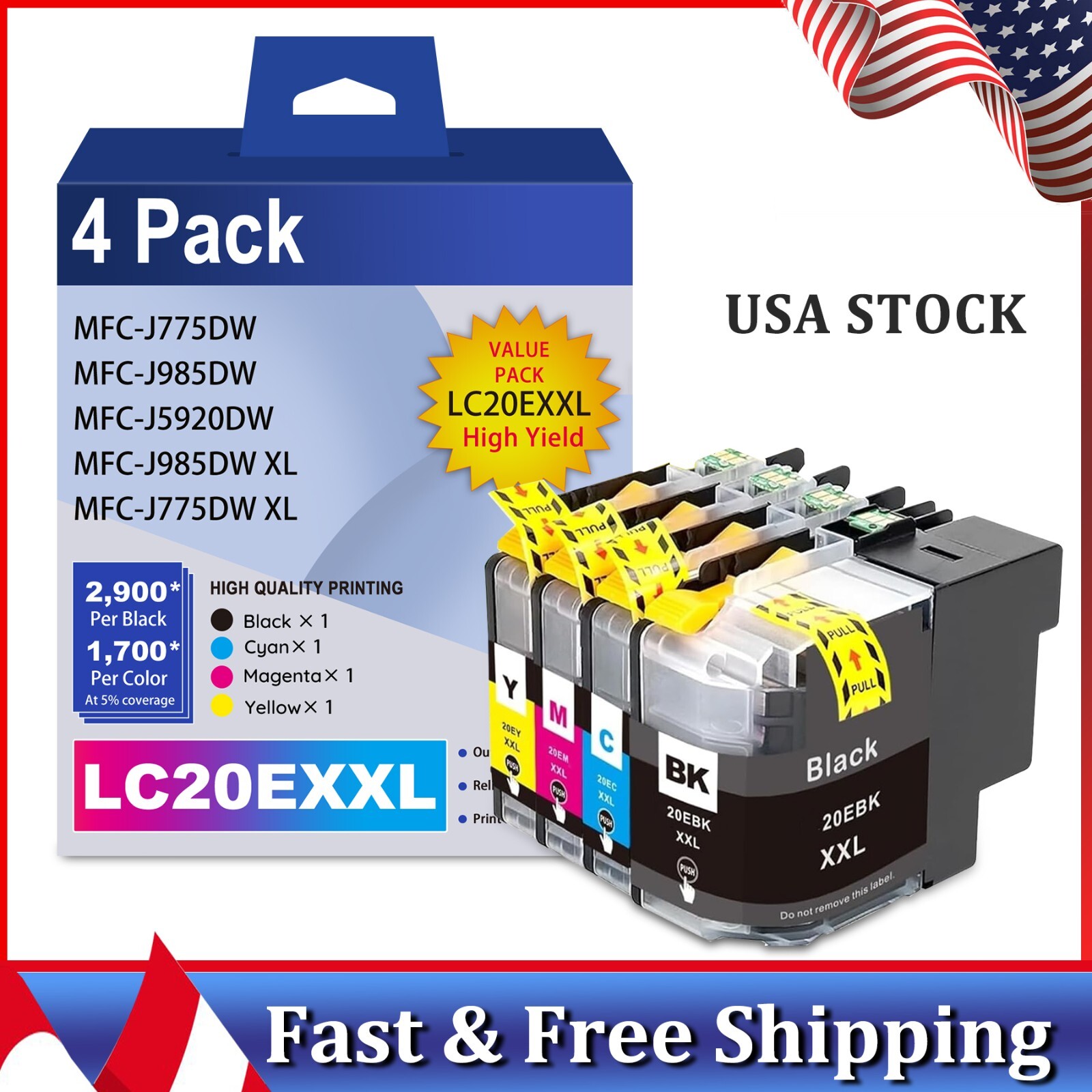 LC20EXXL 4PK Ink Cartridges for Brother MFC-J775DW J985DW J5920DW Printers